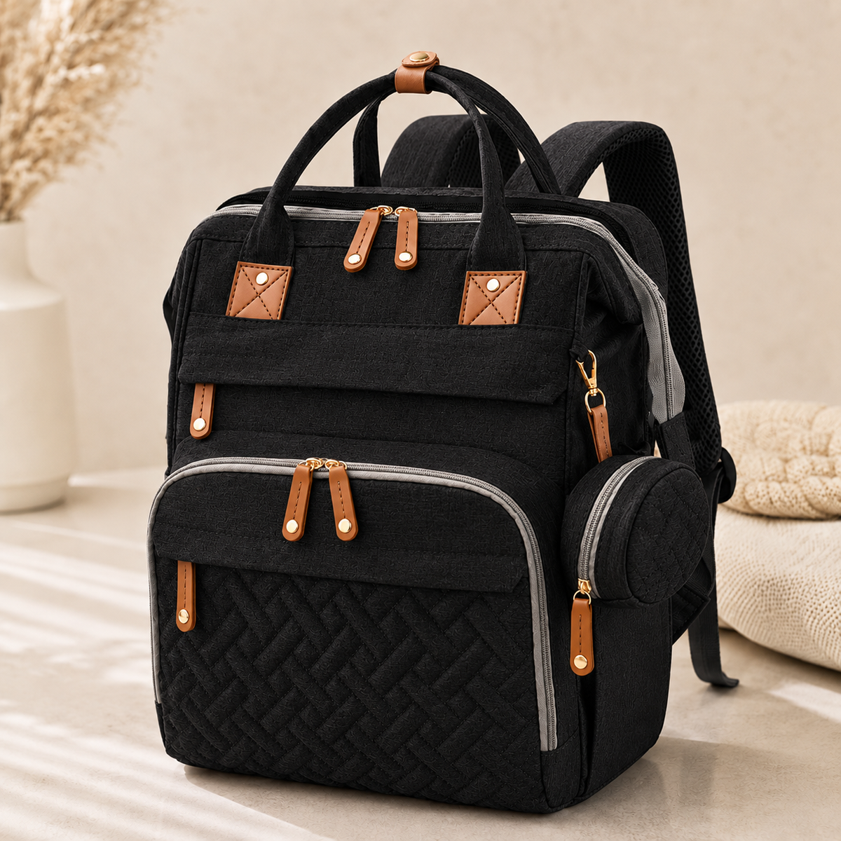 A black multi-compartment backpack with tan faux-leather accents and gray piping, shown on a neutral beige surface with a soft, styled background.